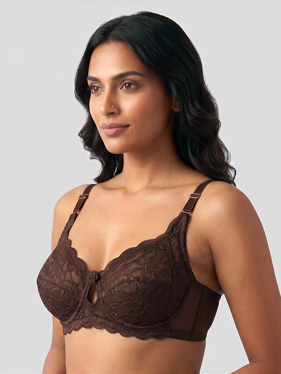 Luxury Floral Lace Full Coverage Bra - Brown - Lingerie Royal