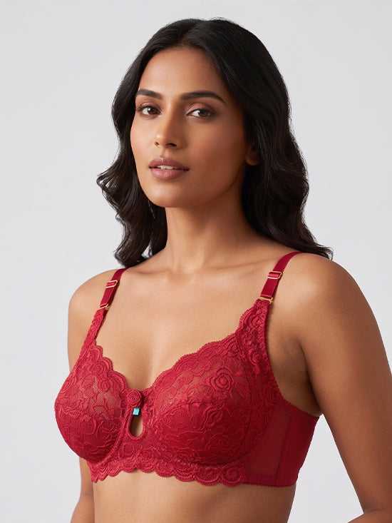 Luxury Floral Lace Full Coverage Bra - Maroon - Lingerie Royal