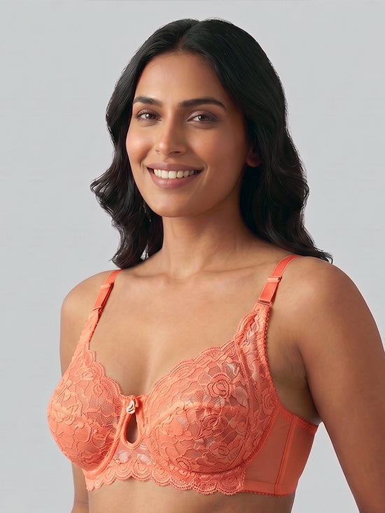 Luxury Floral Lace Full Coverage Bra - Peach - Lingerie Royal