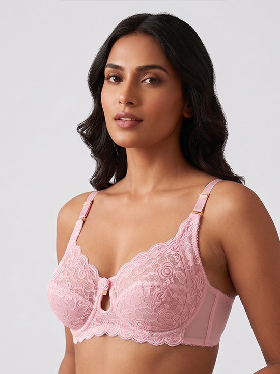 Luxury Floral Lace Full Coverage Bra - Pink - Lingerie Royal