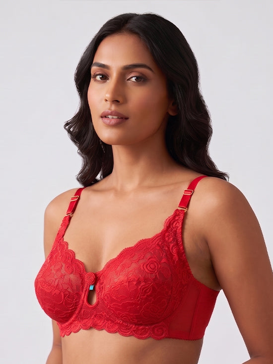 Luxury Floral Lace Full Coverage Bra - Red - Lingerie Royal