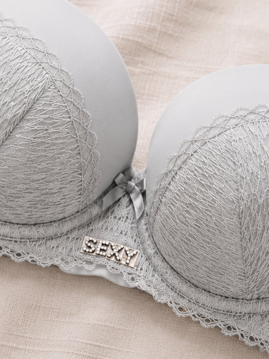 Signature Lace Padded Bra & Panty Set – Grey